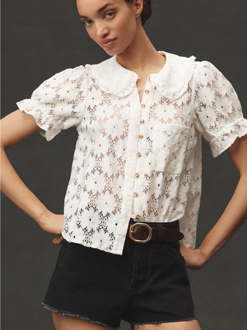 Pilcro Keira White Lace Eyelet Button-Front Blouse
